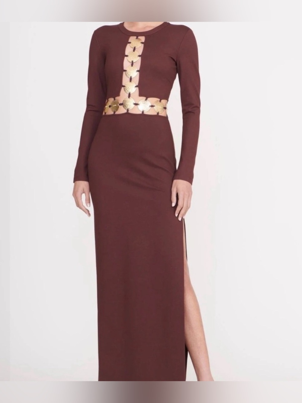 STAUD Delphine embellished jersey maxi dress with gold accents NWT